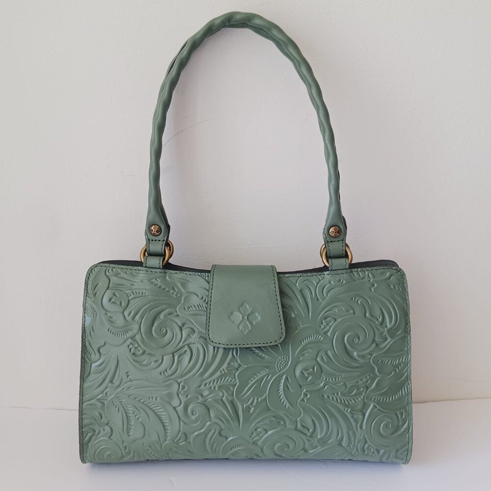 Patricia Nash Rienzo Burnish Tooled Leather Shoulder Handbag Green Sage